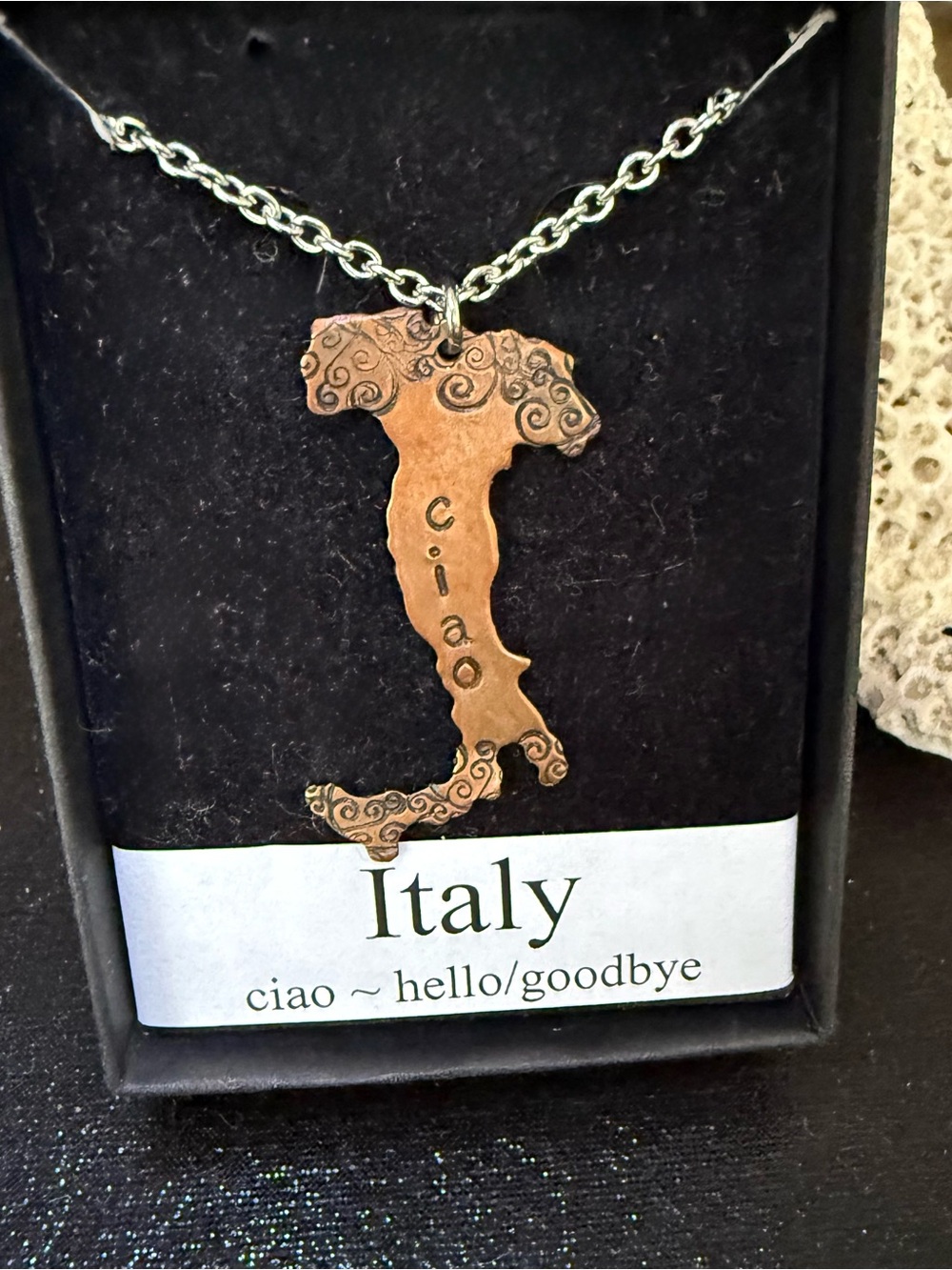 Italy Boot Map Pendant Necklace - Copper Tone "Ciao" Design